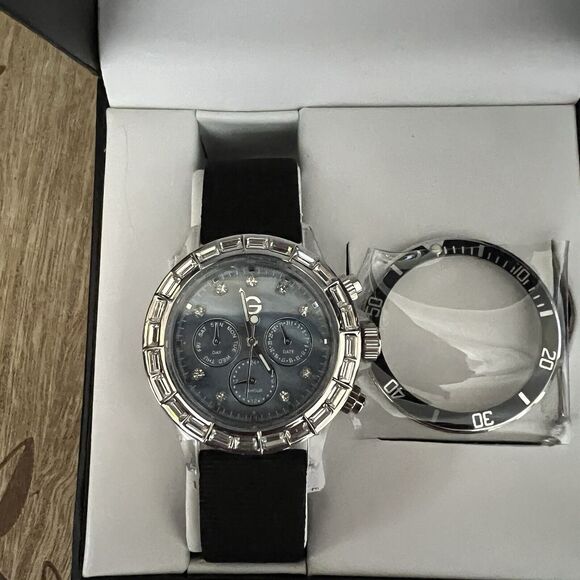 Gossip Accessories - Gossip Blue Dial Bezel Crystal Accent Round Clear Case Black Canvas Band Watch